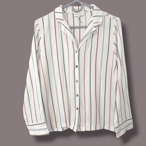 Cozy Earth White Cottage Stripe Button-Up Soft Woven Long Sleeve Pajama Top XS